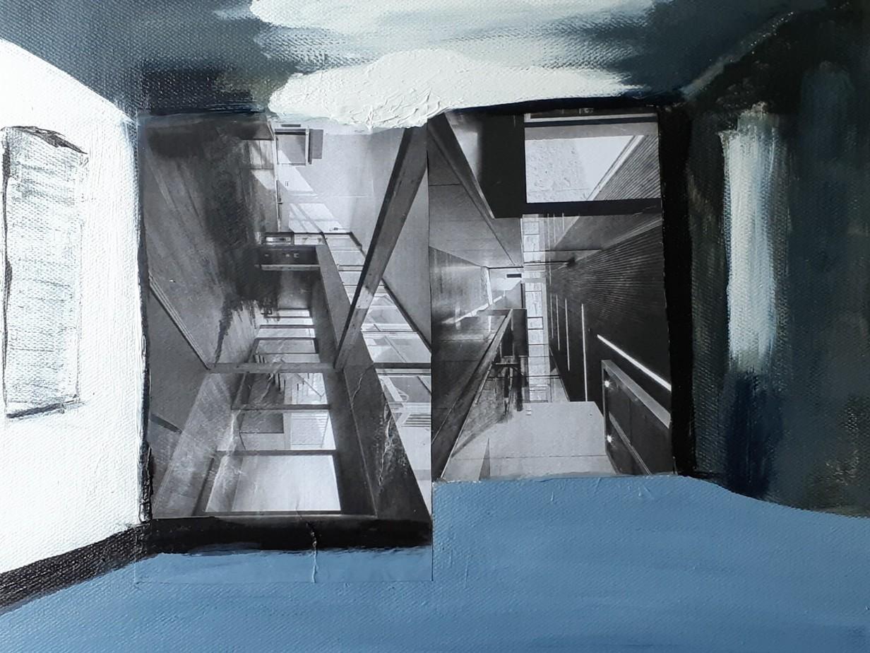 This is a mixed-media artwork, primarily a painting with photographic elements collage. The composition is abstract and geometric, focusing on an architectural interior.