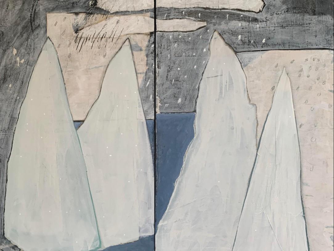 This is a diptych, a piece of art divided into two sections, presenting an abstract depiction of icebergs floating in water under a stormy sky. The overall color palette is muted, dominated by various shades of blue, grey, and off-white with subtle hints of pale green and beige.