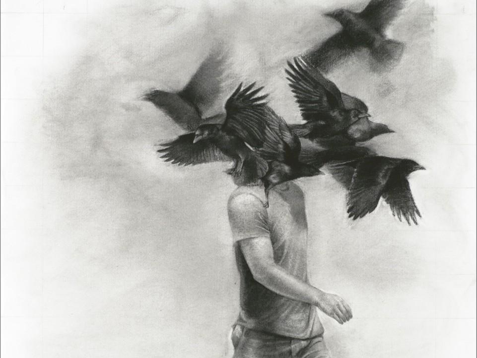 The image is a charcoal drawing on a textured, light grey paper. The scene depicts a person walking, but instead of a head, a flock of birds appears to be emerging from or swirling around the neck area. The person is rendered in muted grey tones, with visible shading and texture suggesting clothing, likely a t-shirt and pants. The figure is shown in profile, with their arm slightly bent and hand extended forward, as if in mid-stride.
