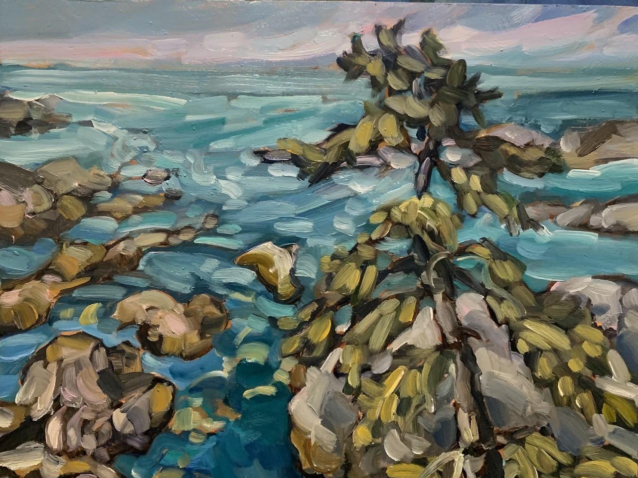 The image is an oil painting depicting a rocky coastline with turquoise water. The style is impressionistic, with visible brushstrokes that convey a sense of movement and texture.