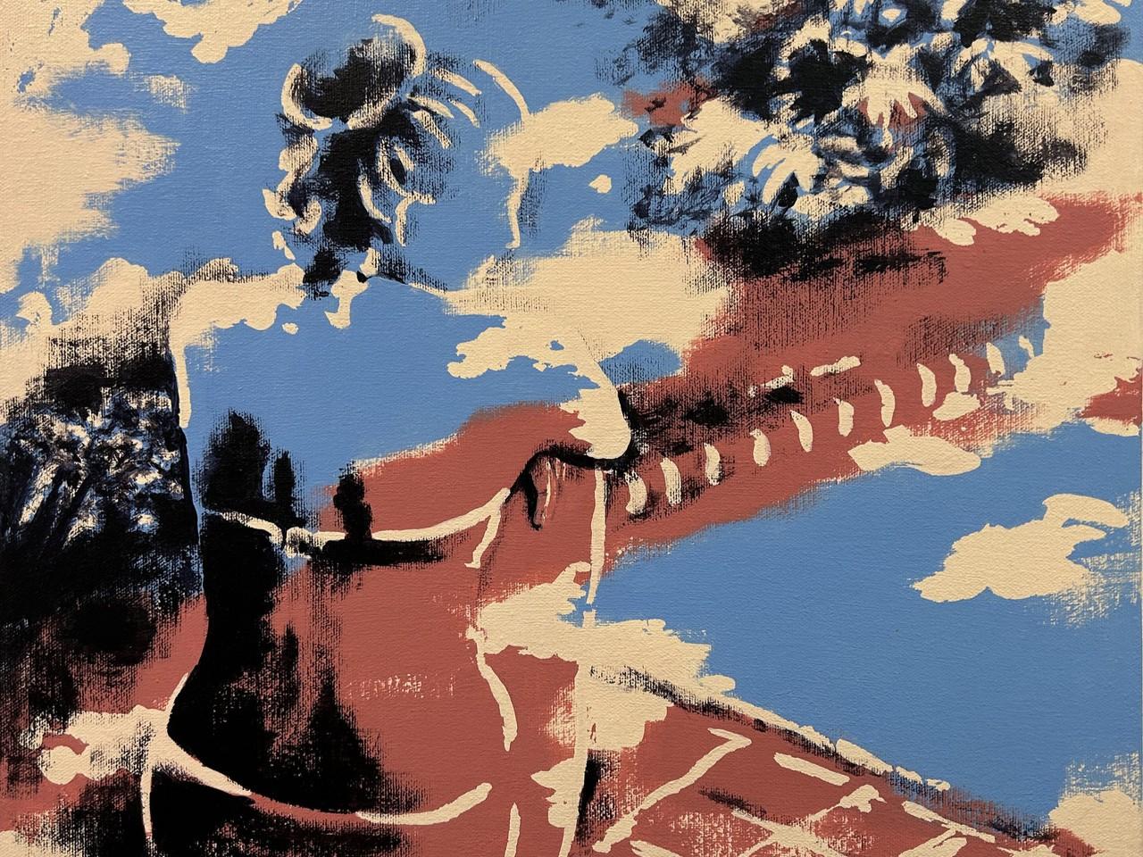 The image is an abstract painting that depicts a person from the back, with bold brushstrokes and a limited color palette. The dominant colors are a muted reddish-brown, a bright sky blue, black, and off-white.
