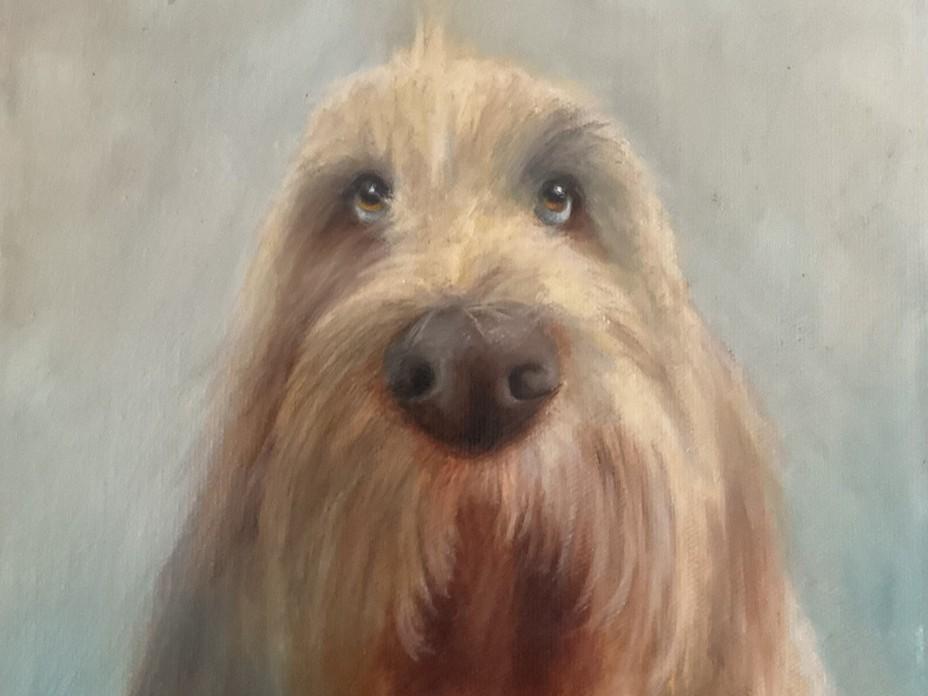 This is a close-up, head-and-shoulders portrait of a shaggy, light brown dog, rendered in an oil painting style. The dog is positioned directly in the center of the frame, facing forward and looking slightly upwards with a gentle expression. Its fur is a warm, golden brown with variations in shade, giving it a soft, textured appearance. The fur around its muzzle is longer, creating a beard-like effect.