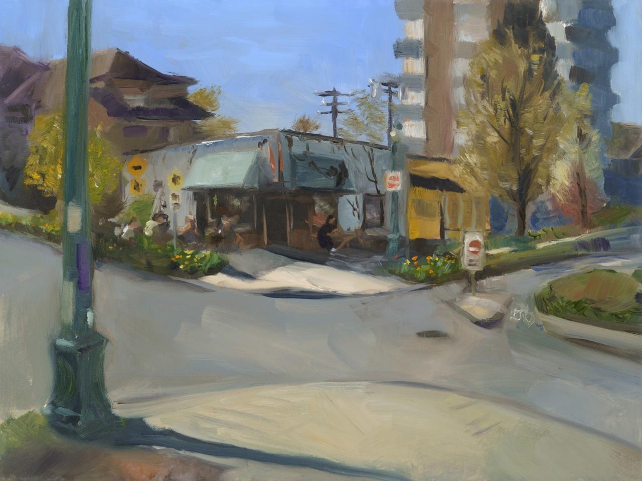 This is an impressionistic oil painting depicting a street corner scene on a bright, sunny day. The painting captures a snapshot of urban life with a focus on light and color rather than sharp detail.