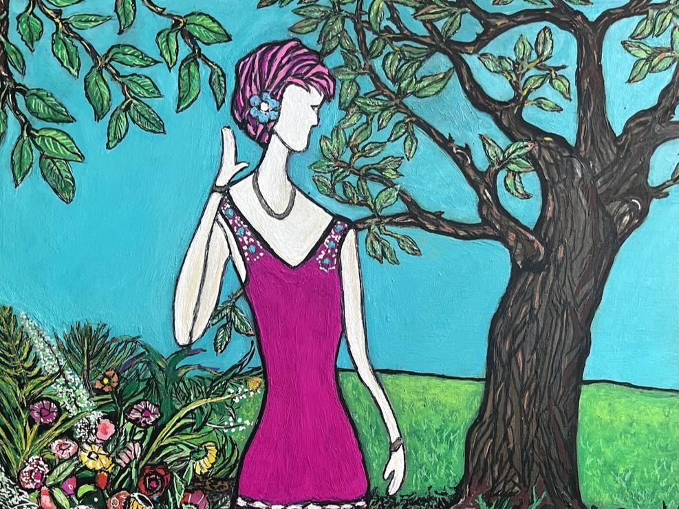 This is a vibrant, stylized painting depicting a woman in a garden setting. The background is a bright, flat turquoise blue, suggesting a clear sky. To the right, a large, dark brown tree trunk with rough texture dominates the right side of the frame. Its branches, adorned with numerous bright green leaves, extend across the upper portion of the image, framing the scene. The leaves are painted with visible brushstrokes, giving them a textured appearance.