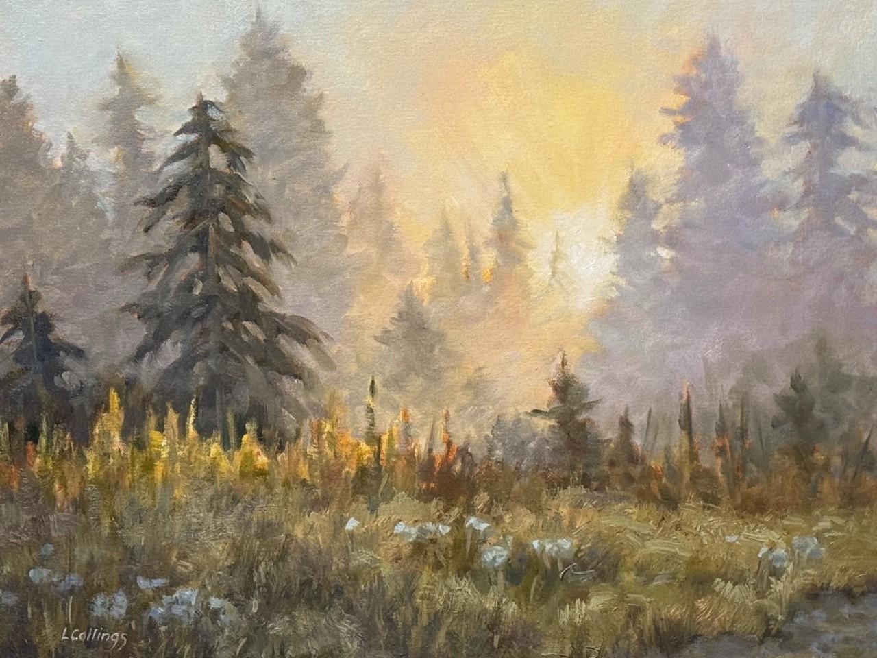 This is an oil painting depicting a serene forest scene at dawn or dusk. The dominant elements are tall evergreen trees, rendered with visible brushstrokes that create texture and depth. The trees are positioned at varying distances, with some in sharp focus in the foreground and others fading into a soft mist in the background.