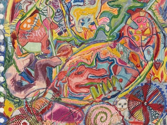 This is a vibrant and busy colored pencil drawing on paper, framed in black. The artwork is densely packed with abstract shapes, organic forms, and stylized representations of animals and objects. The scene is chaotic and dreamlike, with no clear foreground or background, suggesting a sense of movement and overlapping elements.