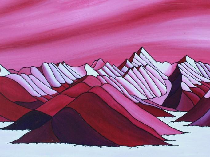 This is an abstract, stylized painting of a mountain range rendered entirely in shades of pink and red. The sky occupies the top half of the image and is a gradient of bright pink, transitioning to a darker, more intense pink towards the horizon. The brushstrokes in the sky are visible, creating a sense of wispy clouds or movement.