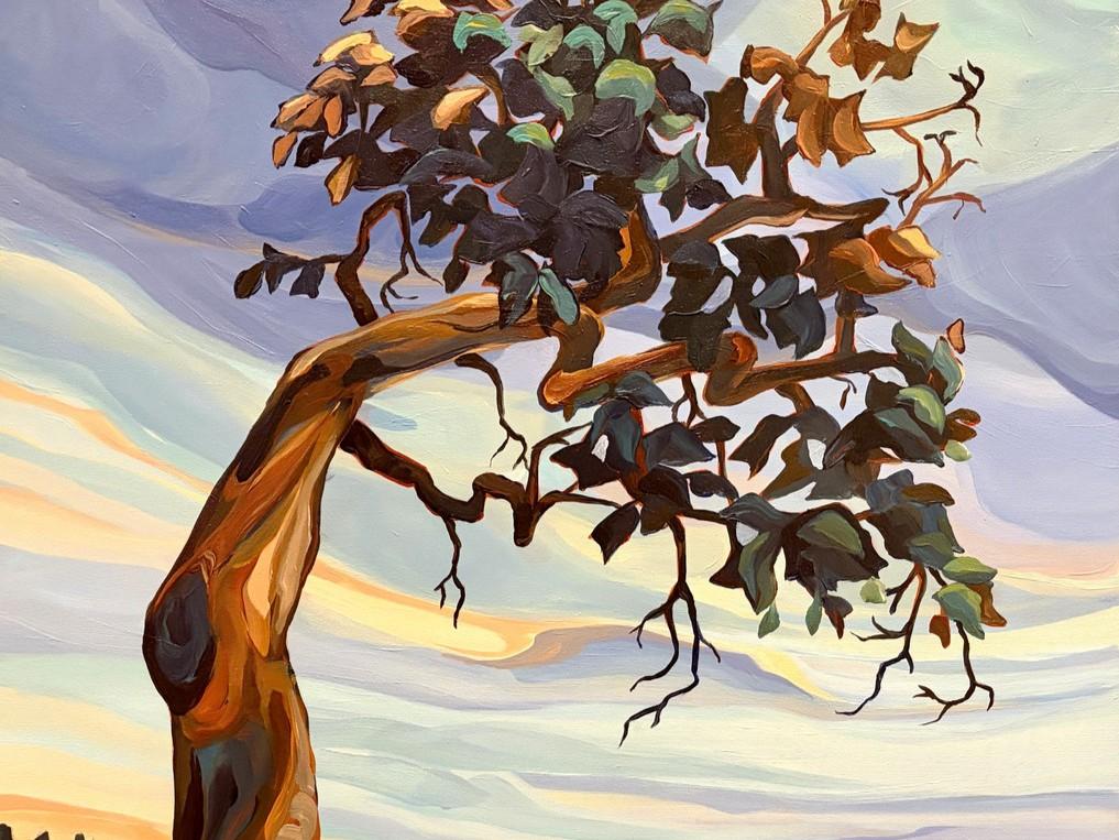 This is a painting of a gnarled, windswept tree set against a dramatic, cloudy sky. The tree occupies the majority of the frame, its trunk a thick, twisting column of warm browns, oranges, and subtle blues, suggesting texture and age. A large knot or cavity is visible on the left side of the trunk. The branches extend outwards and upwards, contorted and thin, some bare and others adorned with clusters of dark green and reddish-brown leaves. The foliage is painted with thick, visible brushstrokes, giving it 