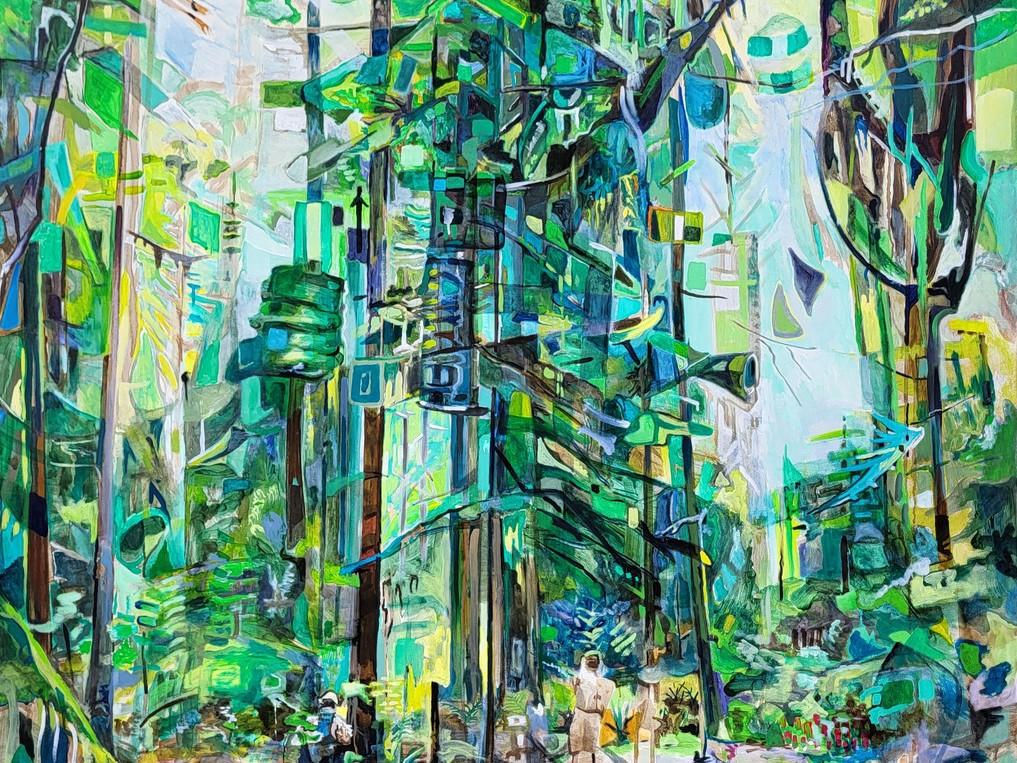 This is a vibrantly colored, impressionistic painting of a forest scene. The dominant colors are various shades of green, ranging from deep emerald to bright lime, interspersed with strokes of brown, blue, and hints of yellow. The overall effect is one of lushness and light filtering through a dense canopy.