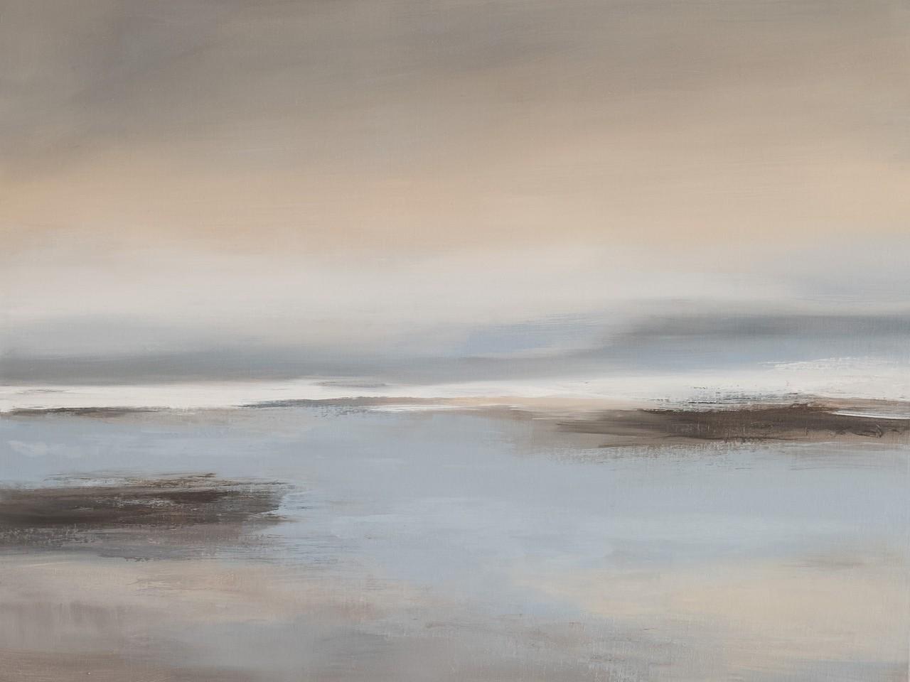 This is an abstract oil painting with a muted and serene color palette, evoking a sense of calm and tranquility. The composition is divided horizontally into three main sections. The uppermost section, occupying about a third of the canvas, is a soft gradient of light beige and sandy brown, fading into a pale grayish tone at the horizon. This area suggests a hazy sky or atmospheric light.