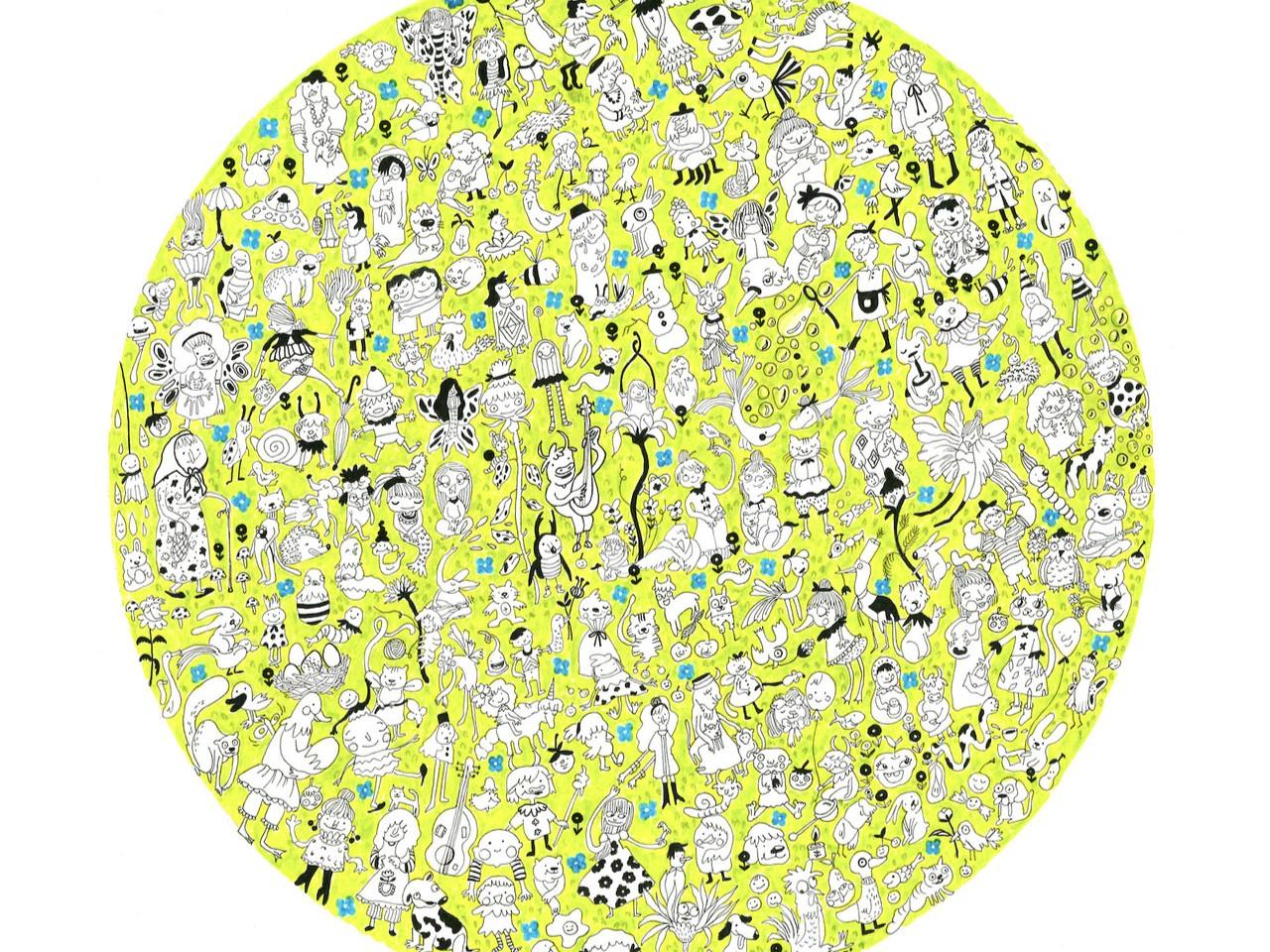 The image is a vibrant and densely packed illustration contained within a large, bright lime green circle. The style is whimsical and cartoony, with predominantly black and white line drawings accented by small, scattered blue flowers. The background is a textured lime green, resembling a grassy field with occasional small, circular yellow shapes that could represent small buds or textures in the grass.