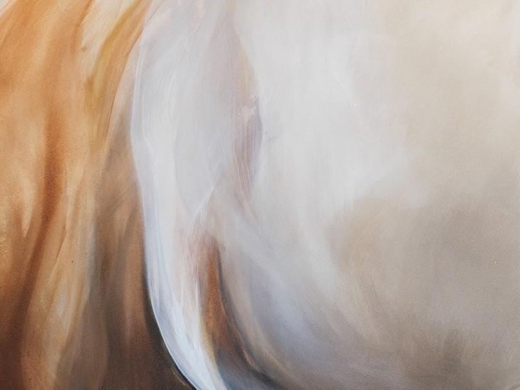 This is an abstract, close-up depiction of flowing textures, likely a painting due to the visible brushstrokes and blended colors. The primary colors are warm browns and creams, with prominent areas of bright white.