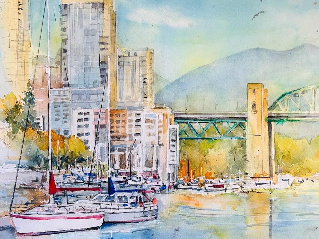 This is a watercolor painting depicting a vibrant harbor scene with a city skyline and a bridge. The foreground is dominated by the water, rendered in shades of blue and reflecting the colors of the sky and surrounding buildings. Several sailboats are prominently featured in the water. The closest sailboat on the left is white with a red stripe along its hull and a red sail. Another sailboat to its right is also white with blue accents and a blue sail. Behind these, numerous other sailboats with white, blue