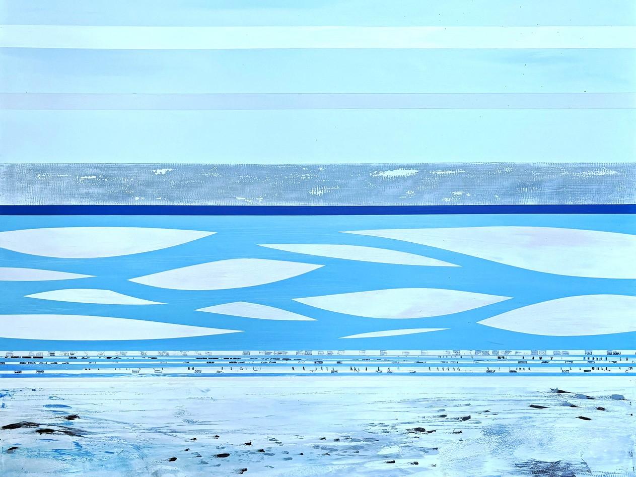 The image is an abstract representation of a landscape, predominantly featuring horizontal bands of color and texture. The palette is dominated by various shades of blue and white, with subtle hints of gray and darker blues.