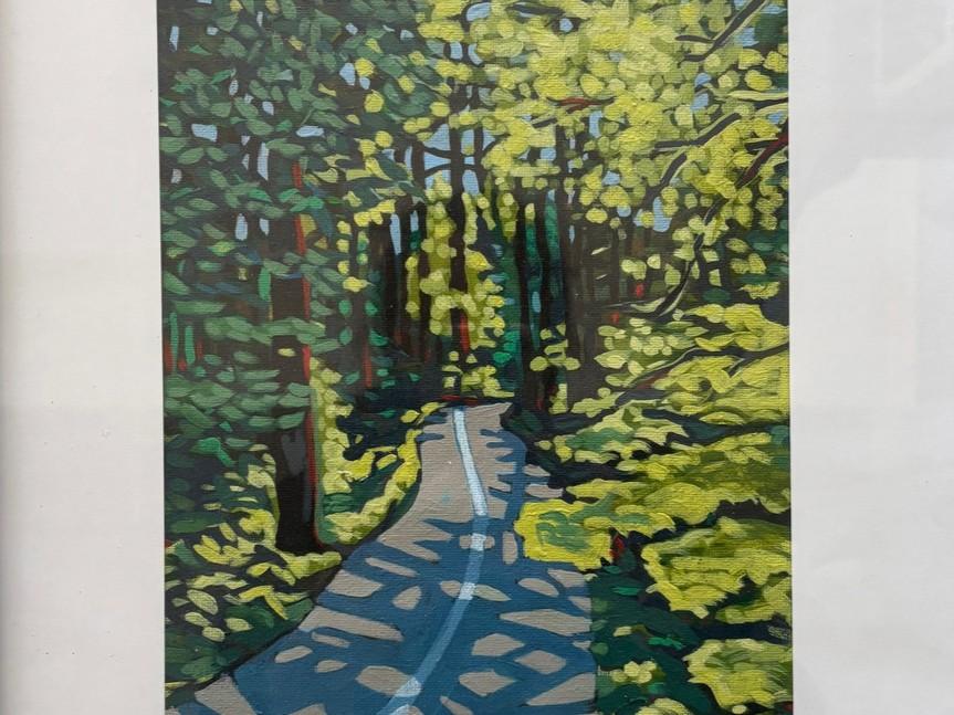 This is a painting depicting a forest path. The scene is rendered in a stylized, almost graphic manner, with distinct brushstrokes visible. The composition is dominated by the path, which leads the viewer's eye from the foreground into the depths of the forest. The path is paved and has a white stripe down the center, suggesting it could be a walking or cycling trail.