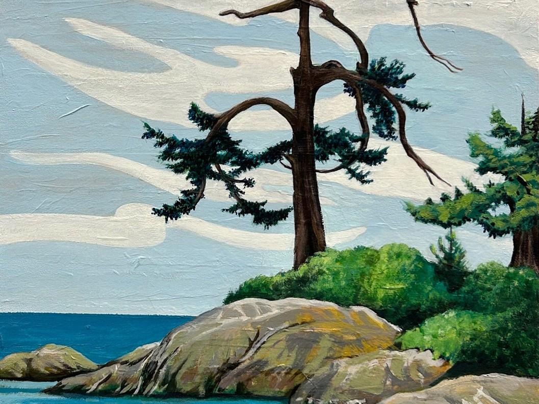 This is a painting depicting a rugged coastal landscape under a sky filled with stylized, sweeping clouds. The dominant elements are the gnarled, windswept trees, the rough, rocky terrain, and the deep blue sea.