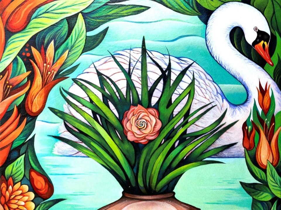 The image is a close-up, colorful, and stylized painting of a swan surrounded by lush foliage and flowers. The swan, predominantly white with a black eye and beak with an orange tip, is positioned in the upper right quadrant of the frame, its elegant neck curved. Its body is partially obscured by a vibrant bouquet of long, green grass-like leaves, within which a single, pale pink rose is nestled. The background is a soft, aquamarine blue, suggesting water or sky, with subtle white wavy lines indicating ripp