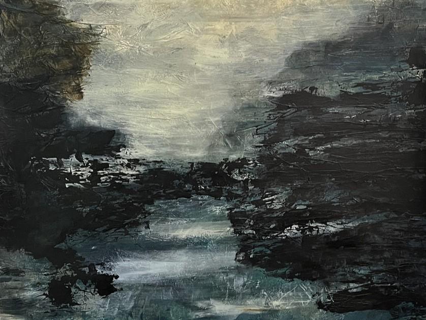 This is an abstract painting that evokes a dark, moody landscape, possibly a shoreline or a body of water at dusk or during stormy weather. The dominant colors are deep blues, blacks, grays, and muted whites, with hints of earthy brown.