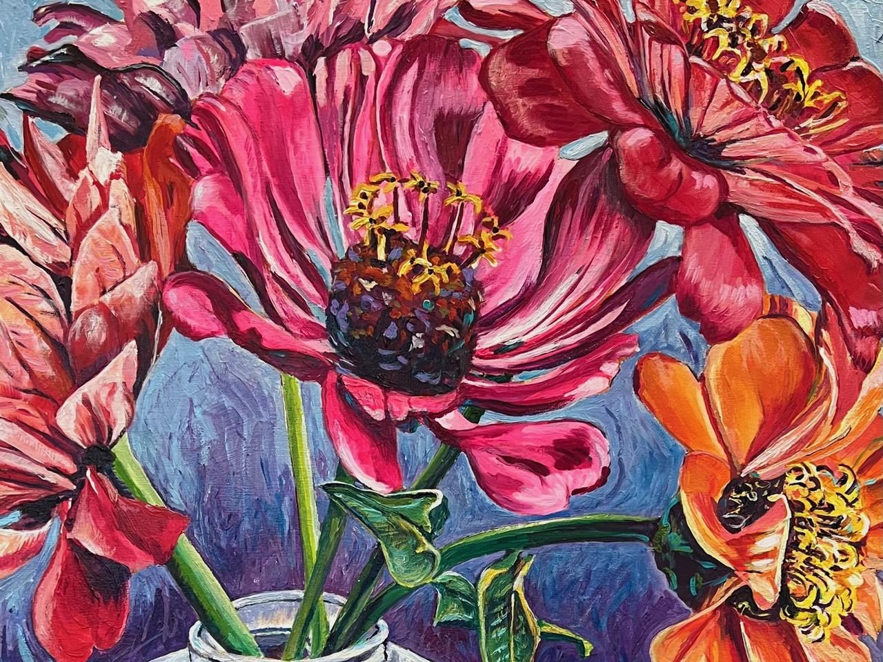 This is a vibrant and thickly painted oil or acrylic painting of a close-up arrangement of several large, colorful flowers. The flowers dominate the frame, filling almost the entire composition.