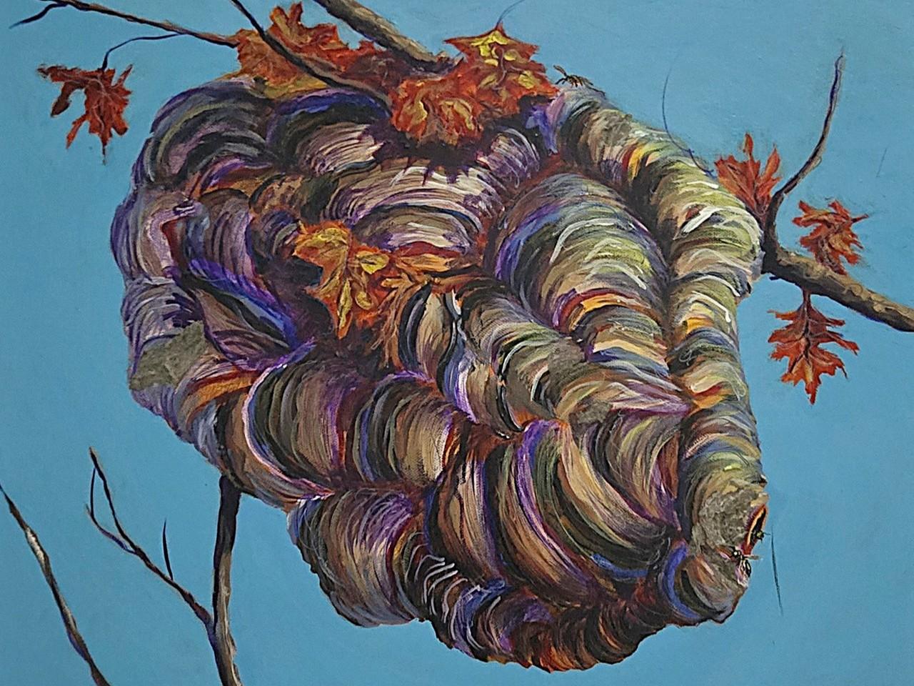 This is a close-up, vibrant oil painting of a large wasp nest attached to tree branches against a bright, solid blue sky. The nest is the dominant element, rendered with thick, textured brushstrokes that create a sense of depth and dimension.