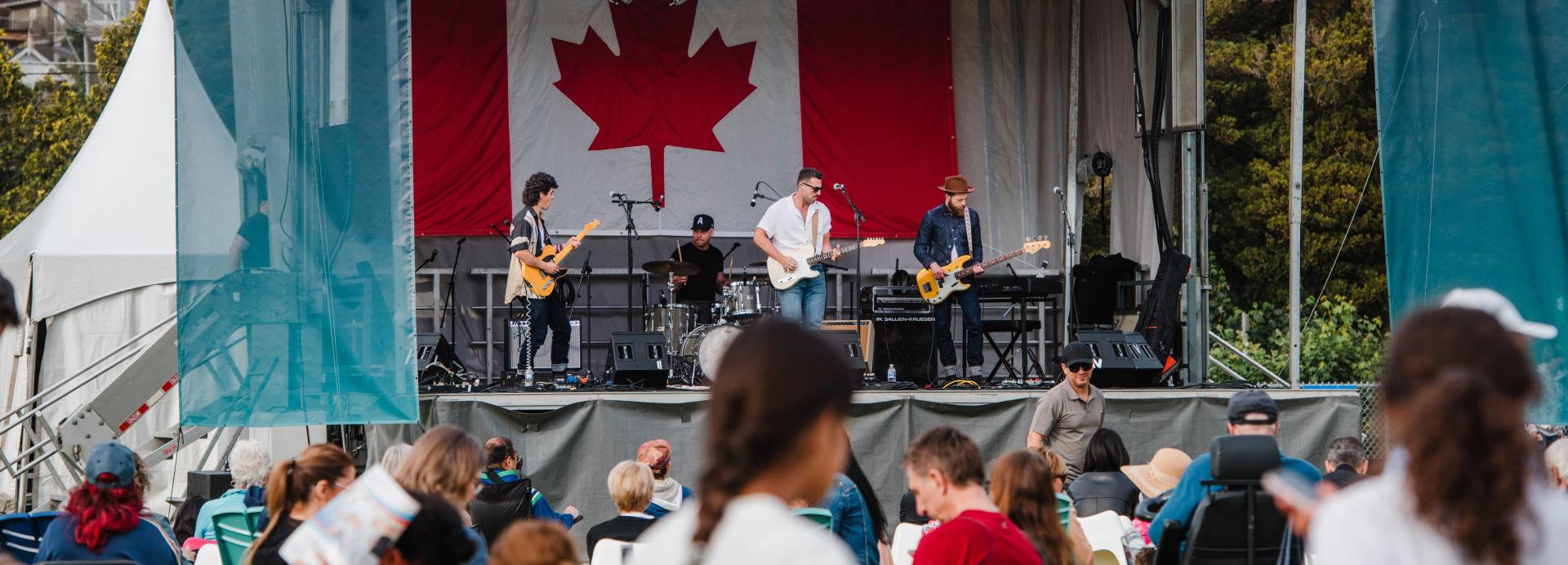 Crowd watching a band playing on stage