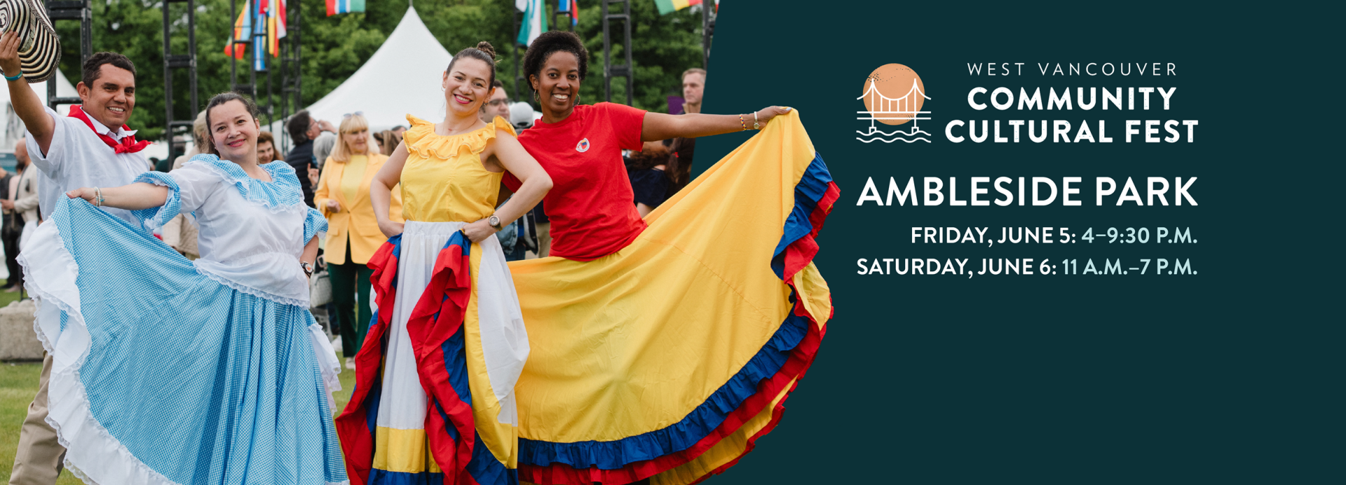 A promotional image advertises the West Vancouver Community Cultural Fest at Ambleside Park on June 5th and 6th, featuring dancers in traditional Colombian garb.  The left side showcases five dancers smiling brightly, their attire reflecting Colombian culture. 