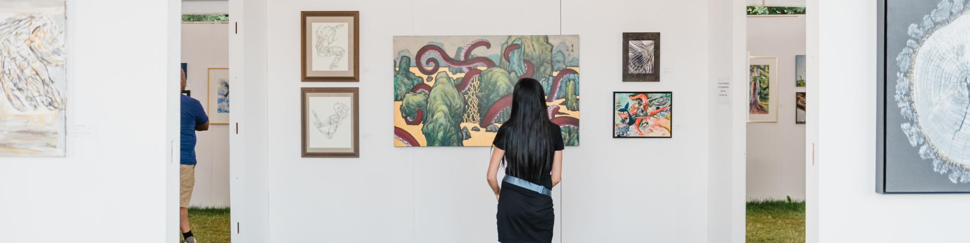 A woman stands in front of a wall of art, looking intently at a large painting of a red octopus emerging from a landscape of green and yellow. The octopus's tentacles are curled and twisted, creating a striking contrast against the bright colors of the background. The woman's long black hair and black dress blend into the background, creating a sense of mystery and intrigue. The other paintings on the wall are framed in gold and black, and feature a variety of subjects, including a tree trunk and a group of