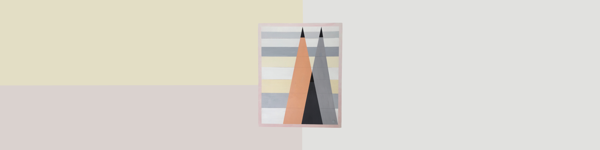 The image displays a minimalist abstract artwork set against a neutral, softly partitioned background. The background is divided into three distinct color fields. The top left area is a pale, soft yellow. Below this, occupying the bottom left, is a muted, dusty rose or light pink hue. The right side of the image is a very light, neutral gray. These color fields intersect, creating a simple geometric backdrop.