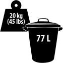 Graphic of a garbage can with 77L on it and a wight with 20 kg on it.