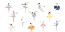 Several ballerinas dressed in vibrant costumes, showcasing their dance poses together.