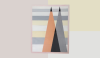 A minimalist painting features two overlapping triangles in peach and gray against a background of horizontal stripes. The composition is framed by a soft pink border on a pale pink and cream background.